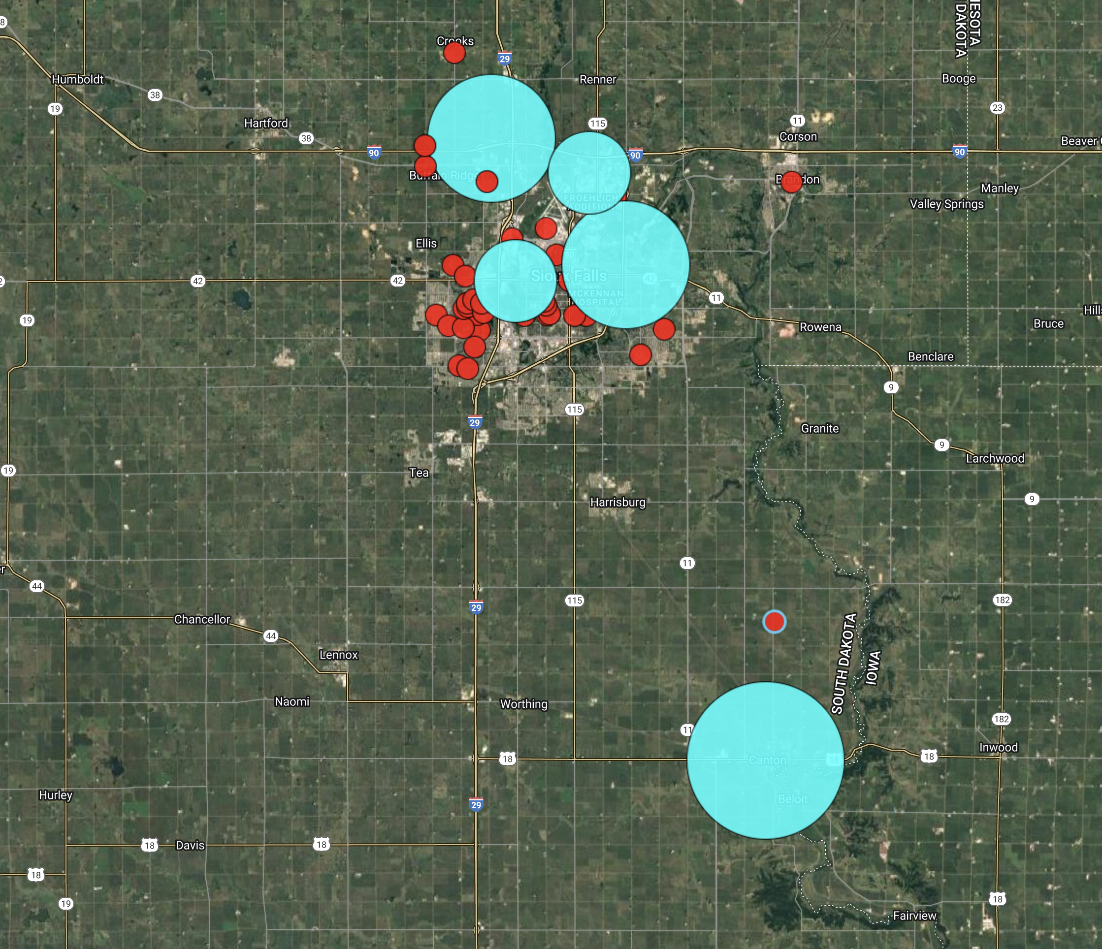 Overview map of EAB infested areas in SE South Dakota.