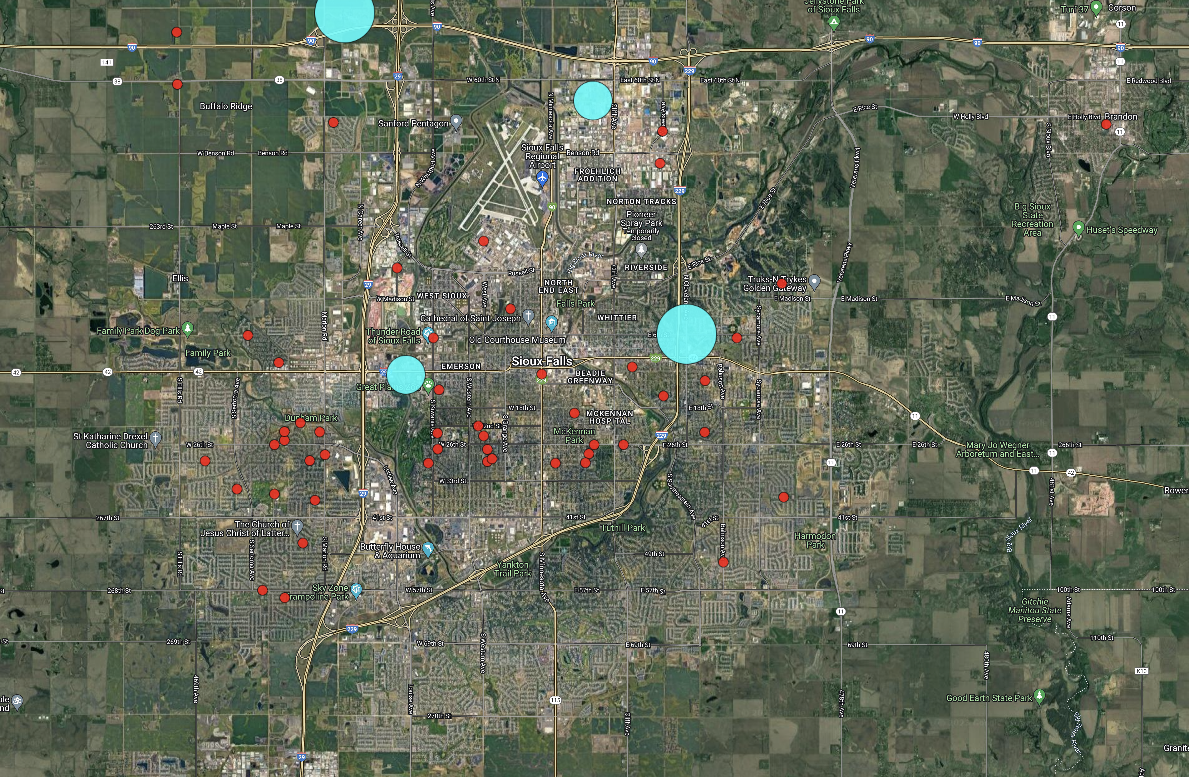Confirmed EAB locations around greater Sioux Falls. Red dots indicate at least one infested tree. Blue dots indicate larger infestations with visible dead and dying trees.